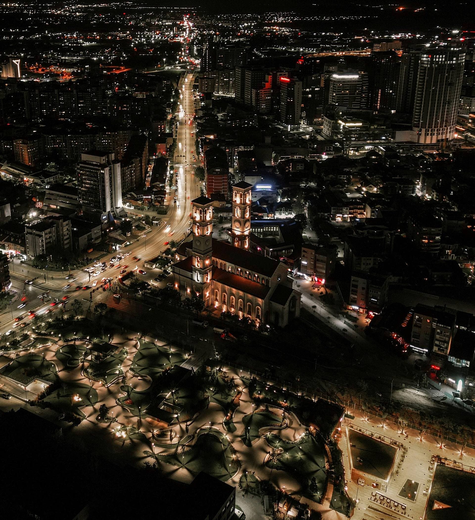 Aerial night view of Prishtina, capital of Kosovo